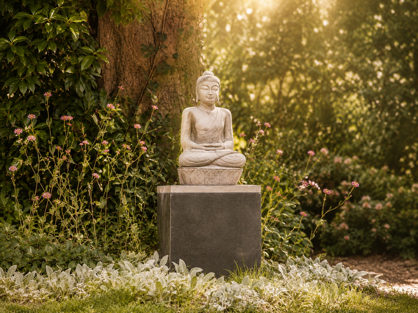 Buddha-Statue im Garten als Symbol für Ruhe, Achtsamkeit und innere Balance im Bereich Mind Body Soul Balance