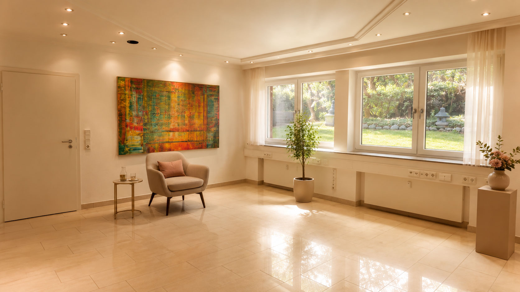 Heller Praxisraum mit Gartenblick für Psychotherapie, Präventionsberatung und Terminbuchung